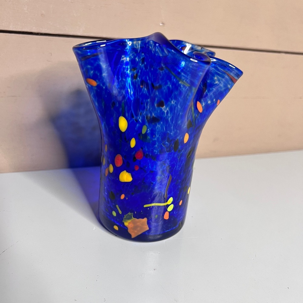 Hand Blown Cobalt Blue Confetti Glass Vase Ruffled Handkerchief Rim 5.5 Inch‎